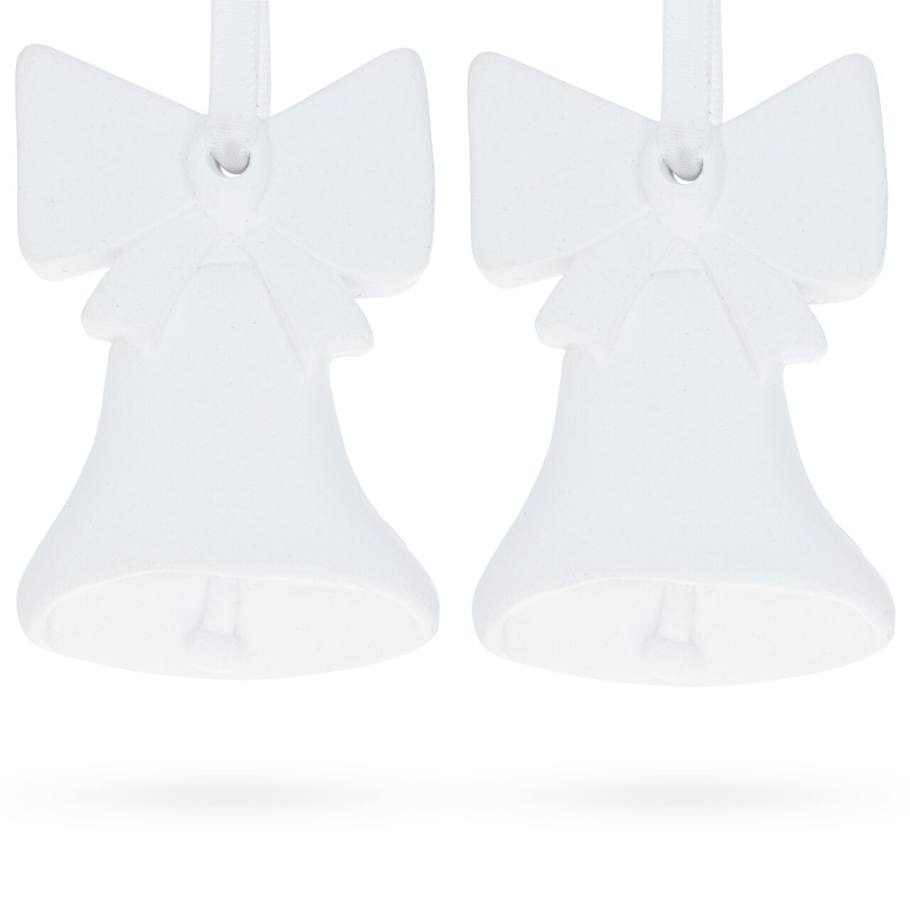 Set of 2 Blank Unfinished White Plaster Bells With Bows Christmas Ornaments DIY Craft 3.3 Inches